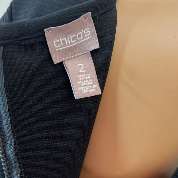 Chicos Dress Size 2 Black Scoop Neck Short Sleeve Ribbed Midi - Picture 8 of 11